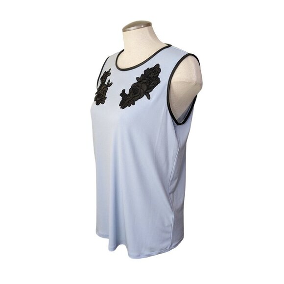 Karl Lagerfeld Women Sleeveless Top M Icy Blue Floral Appliqué Faux Leather Trim - Picture 5 of 7
